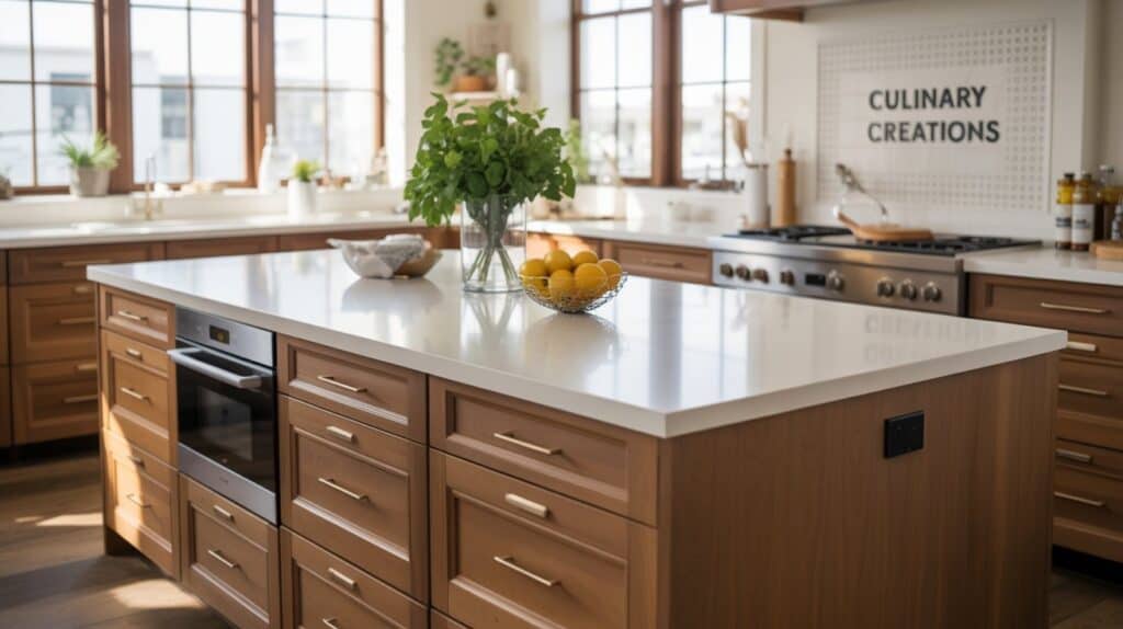 A modern and spacious kitchen island design with clean lines, a large quartz countertop, and plenty of storage space. The island is positioned as the focal point of the room, with natural lighting flooding the space through large windows. The design features a mix of contemporary and rustic elements, such as the wooden cabinets and sleek metal hardware. The overall atmosphere is one of sophistication and functionality, perfectly complementing the open-concept living room layout.
