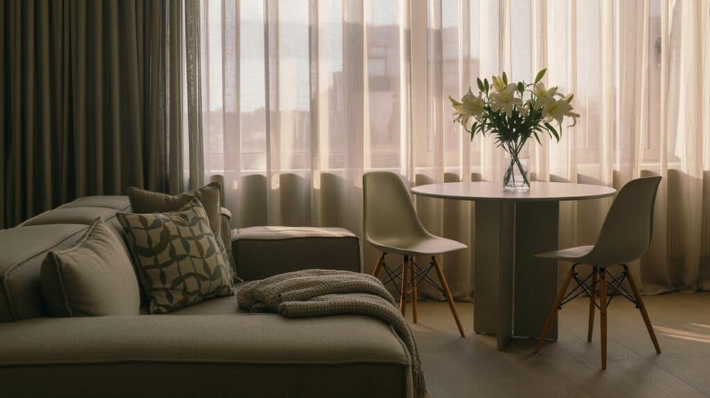 A cozy living room with distinct zones for relaxation and dining, bathed in warm, natural lighting that filters through sheer curtains. In the foreground, a comfortable sofa and armchair arrangement, with a small, round dining table and two minimalist chairs in the middle ground. Subtle room dividers, such as a low bookshelf or a decorative screen, create a sense of separation between the zones, while maintaining an open and inviting flow. The background features a large window overlooking a city skyline, adding depth and a sense of connection to the outside world. The overall aesthetic is clean, modern, and harmonious, showcasing how small spaces can be artfully divided into functional, visually distinct areas.