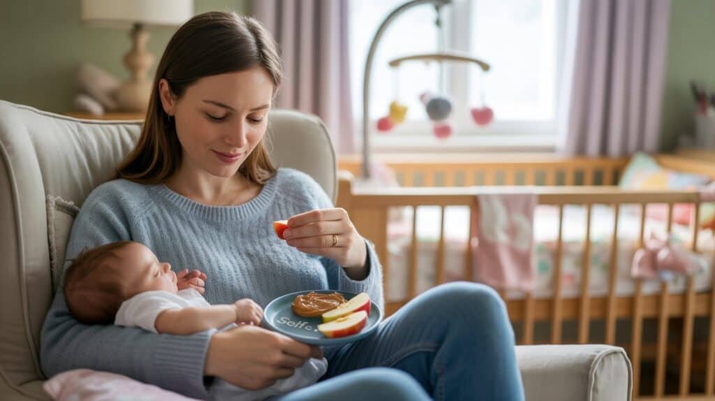 New mom eating a healthy one-handed snack while holding baby - self-care nutrition