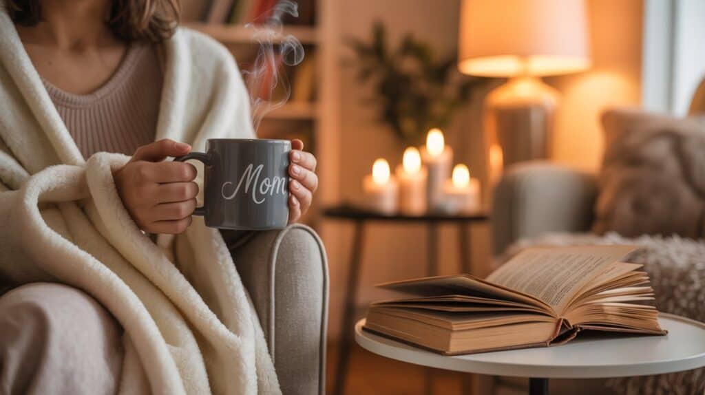 Cozy evening setup with herbal tea, book, and soft lighting - mom self-care