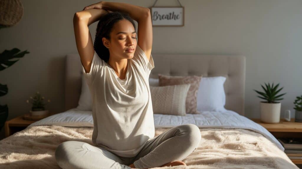New mom doing gentle morning stretches beside her bed - self-care routine
