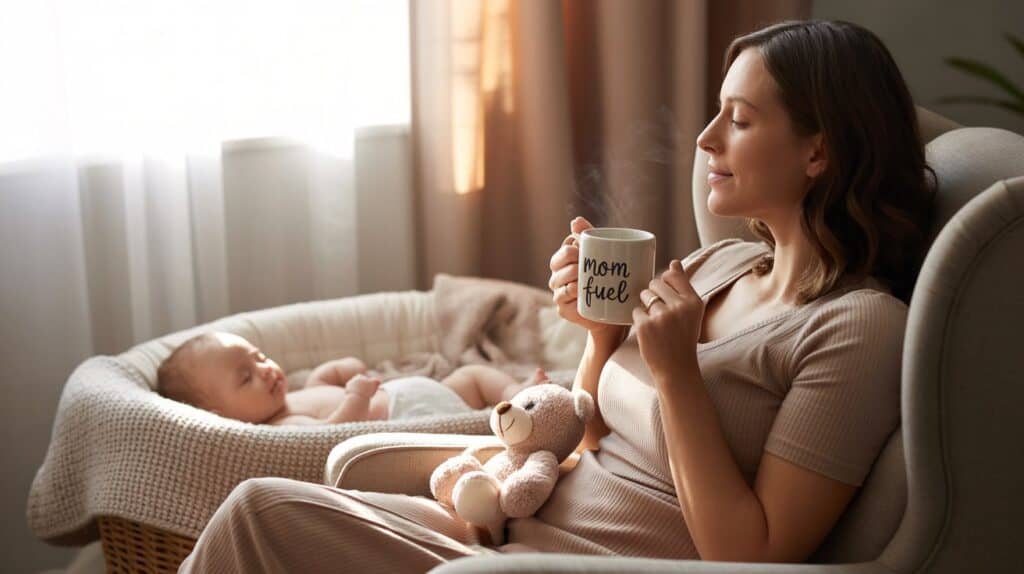 Peaceful new mom taking a moment for herself while baby sleeps nearby - self-care journey