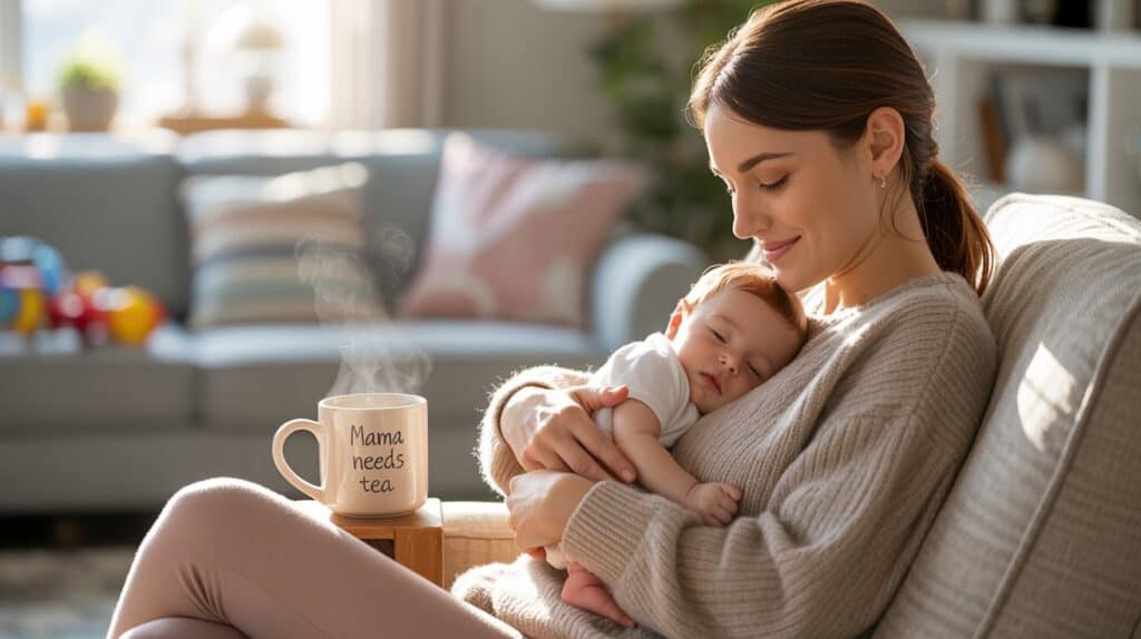 New mom holding sleeping baby while taking a moment for herself with a cup of tea - self-care for new moms