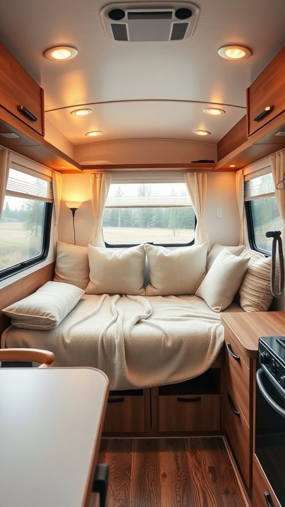 Cozy convertible sofa bed in a small camper interior