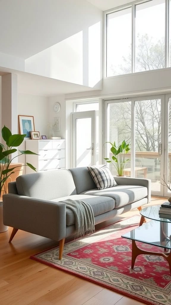 A mid-century modern sofa with a caramel color and button-tufted backrest, placed in a sunlit room with large windows.