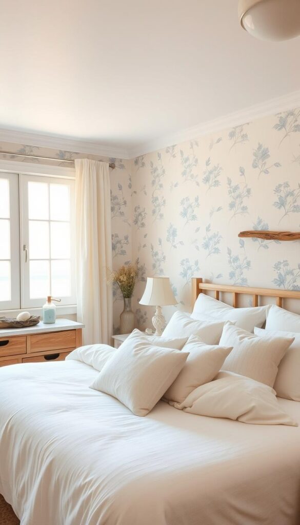 A cozy coastal bedroom with warm white walls, adorned with a delicate floral wallpaper pattern in shades of blue and soft gray. The wallpaper has a subtly textured linen-like finish, creating a soothing, natural ambiance. A plush, ivory-colored bed dominates the foreground, inviting you to sink into its soft, cloud-like bedding. Hints of driftwood and weathered accents throughout the room add to the serene, beachy atmosphere. Soft, diffused lighting from a large window bathes the space in a gentle, golden glow, casting a calming, serene mood. The overall feel is one of relaxation and tranquility, transporting you to a peaceful seaside retreat.