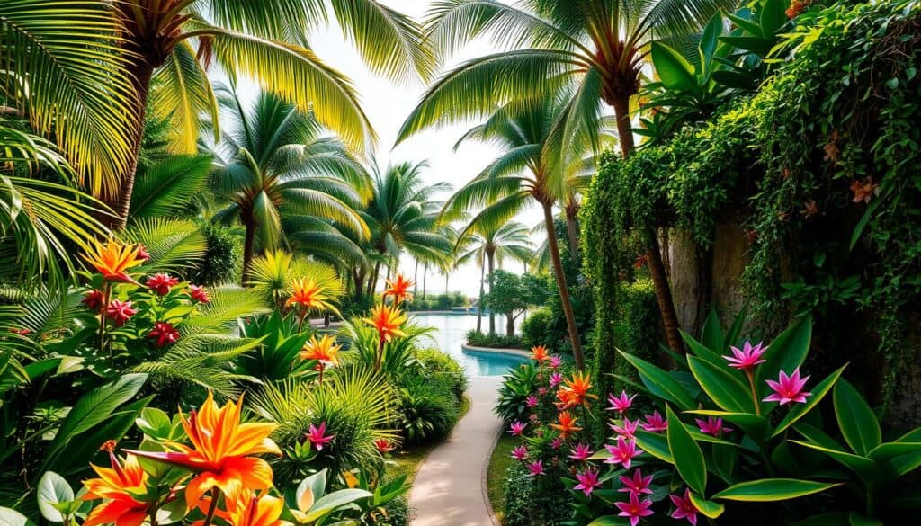 A lush, verdant tropical garden with towering palm trees, vibrant foliage, and cascading vines. In the foreground, an array of colorful flowering plants, such as hibiscus, birds of paradise, and exotic orchids, create a captivating display. The middle ground features a winding pathway flanked by lush ferns, bromeliads, and calatheas, leading the eye deeper into the scene. In the background, a tranquil pool reflects the dappled sunlight filtering through the canopy of the palm fronds above. The overall atmosphere is one of serene, luxurious relaxation, evoking the essence of a tropical paradise. Captured with a wide-angle lens to showcase the depth and scale of the design, the image is lit by warm, natural sunlight casting gentle shadows and highlights. A lush, verdant tropical garden with towering palm trees, vibrant foliage, and cascading vines. In the foreground, an array of colorful flowering plants, such as hibiscus, birds of paradise, and exotic orchids, create a captivating display. The middle ground features a winding pathway flanked by lush ferns, bromeliads, and calatheas, leading the eye deeper into the scene. In the background, a tranquil pool reflects the dappled sunlight filtering through the canopy of the palm fronds above. The overall atmosphere is one of serene, luxurious relaxation, evoking the essence of a tropical paradise. Captured with a wide-angle lens to showcase the depth and scale of the design, the image is lit by warm, natural sunlight casting gentle shadows and highlights.