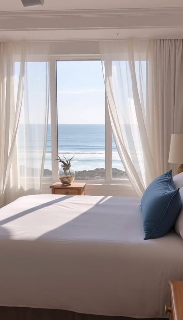 A serene coastal bedroom with soft, natural lighting streaming through sheer curtains. In the foreground, a plush king-size bed with crisp white linens and a soft blue duvet. Atop the bed, an assortment of decorative pillows in various hues of blue, white, and linen. In the middle ground, a pair of wooden nightstands with coastal-inspired decor, such as a glass vase filled with seashells and a driftwood lamp. In the background, a large window overlooking a picturesque ocean view, framed by wispy curtains billowing in a gentle breeze. The overall atmosphere is one of tranquility and relaxation, perfectly capturing the essence of a coastal bedroom aesthetic.