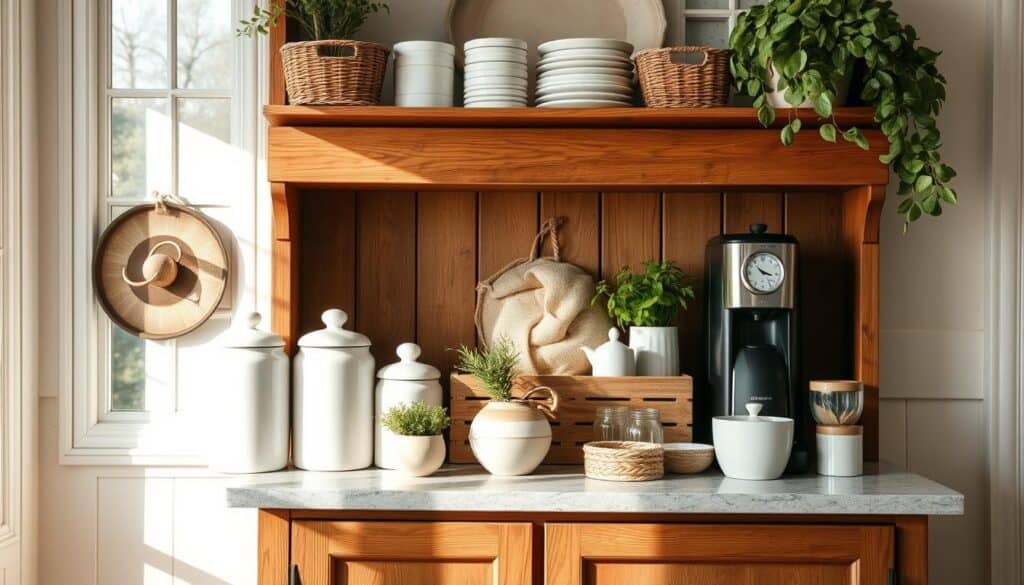 Beautifully styled farmhouse coffee bar with layered textures and materials