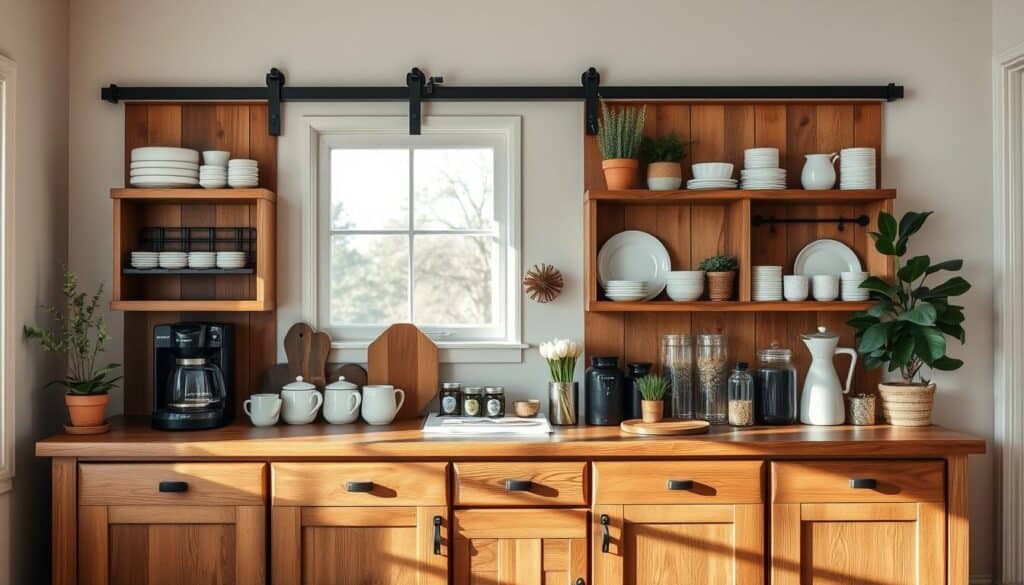 Complete farmhouse coffee bar setup with all elements beautifully styled