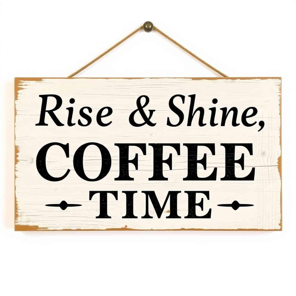 Farmhouse Coffee Bar Sign with 'Rise & Shine, Coffee Time' text in rustic wood finish