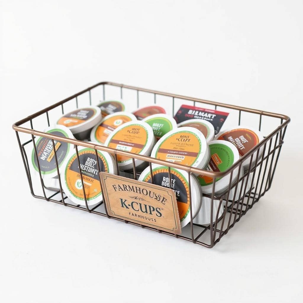 Farmhouse-style metal coffee pod holder basket for K-cups