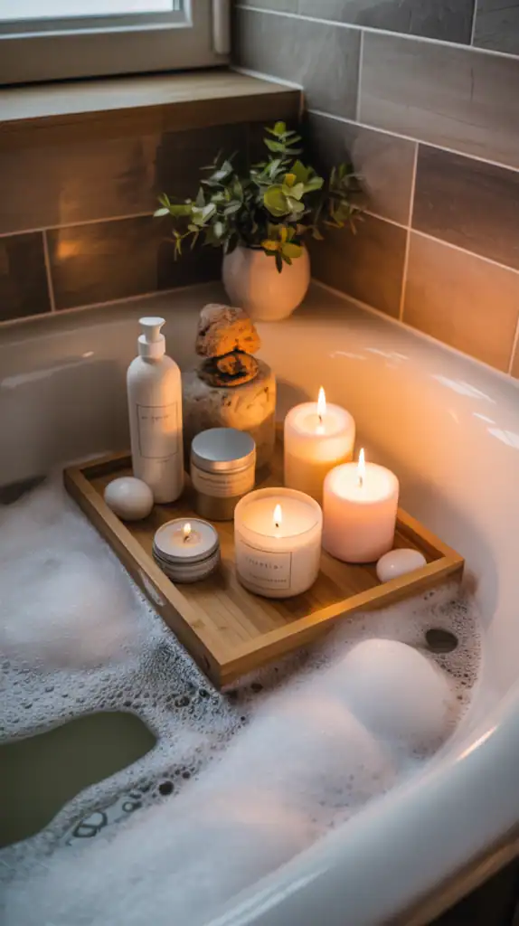 A cozy bath setup with bubbles, candles, and bath products