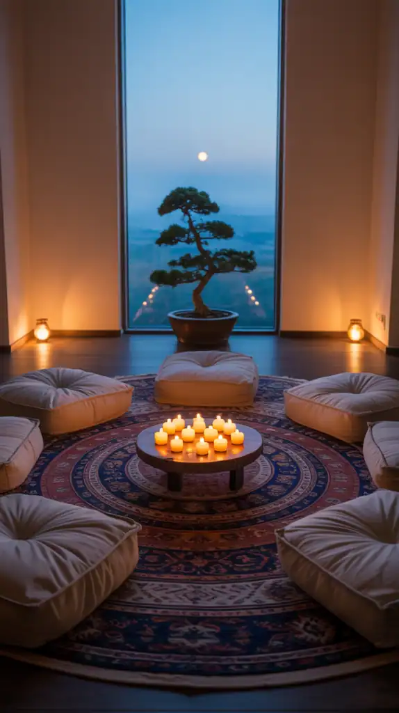 A peaceful meditation room with cushions, candles, and soft lighting.