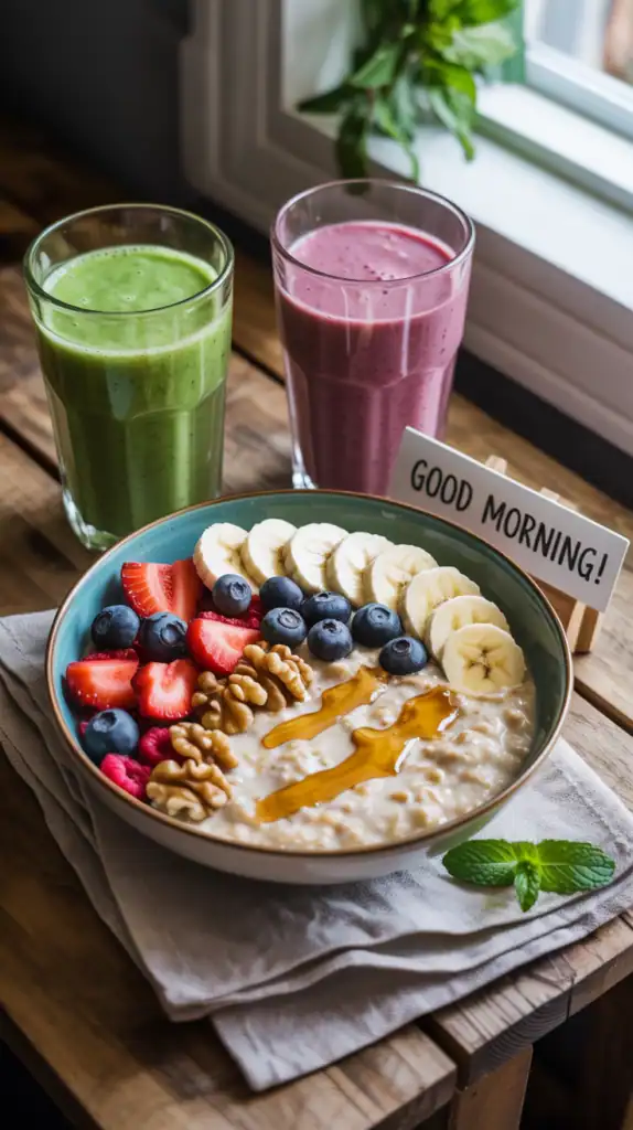 A colorful breakfast spread featuring oatmeal with fruits, nuts, and smoothies.