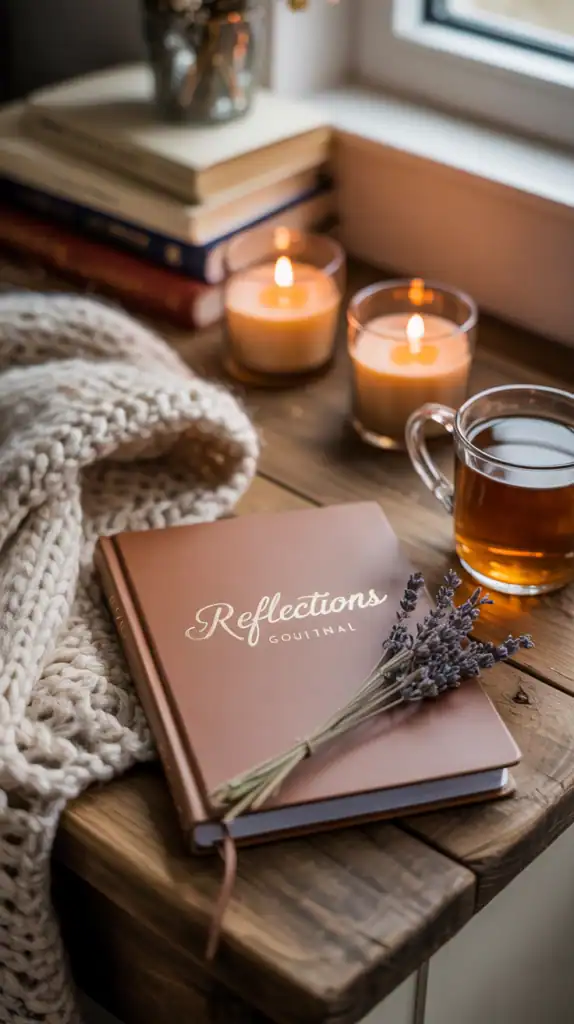 A cozy gratitude journal setup with candles and a warm blanket.