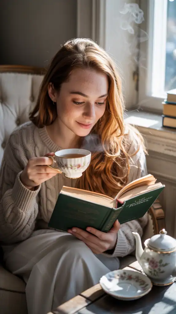 A person enjoying a cup of tea and reading a book by a sunny window.