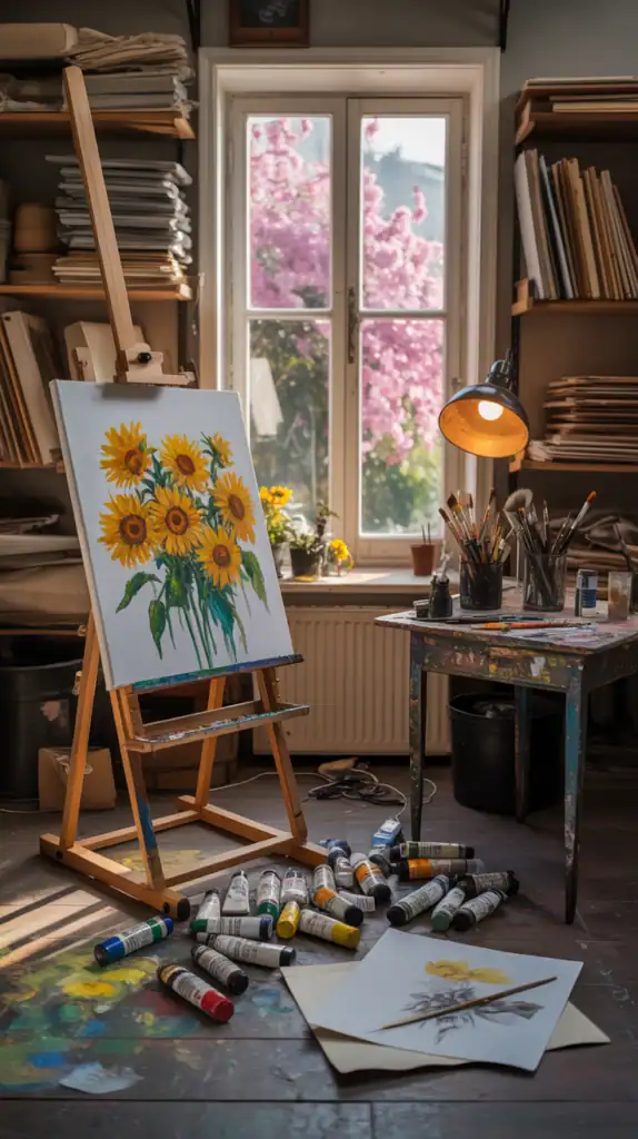A cluttered art studio filled with painting supplies, unfinished canvases, and creative materials.