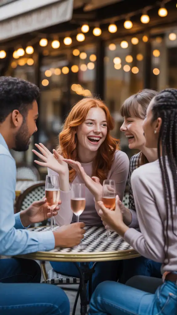 Four friends laughing and enjoying drinks at a café