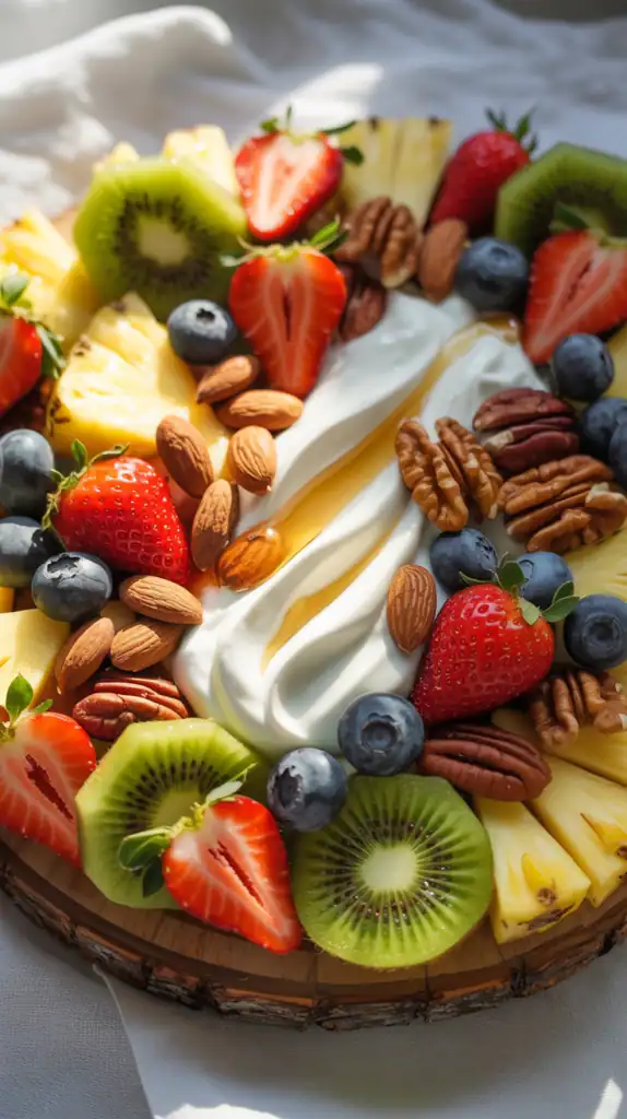 A colorful platter of fruits, nuts, and yogurt, showcasing healthy snack options.