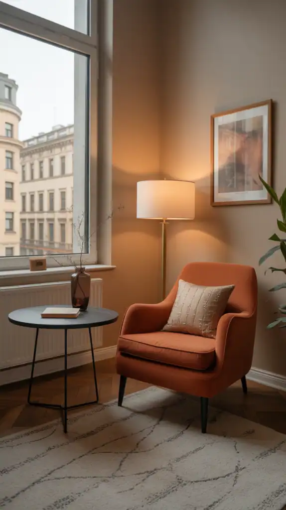 A cozy corner with an orange chair, a small table, and a book, perfect for personal reflection.