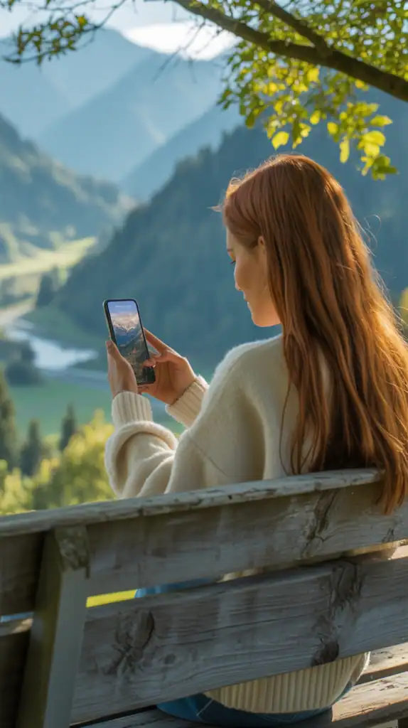 A person sitting outdoors, holding a smartphone, enjoying a scenic view.