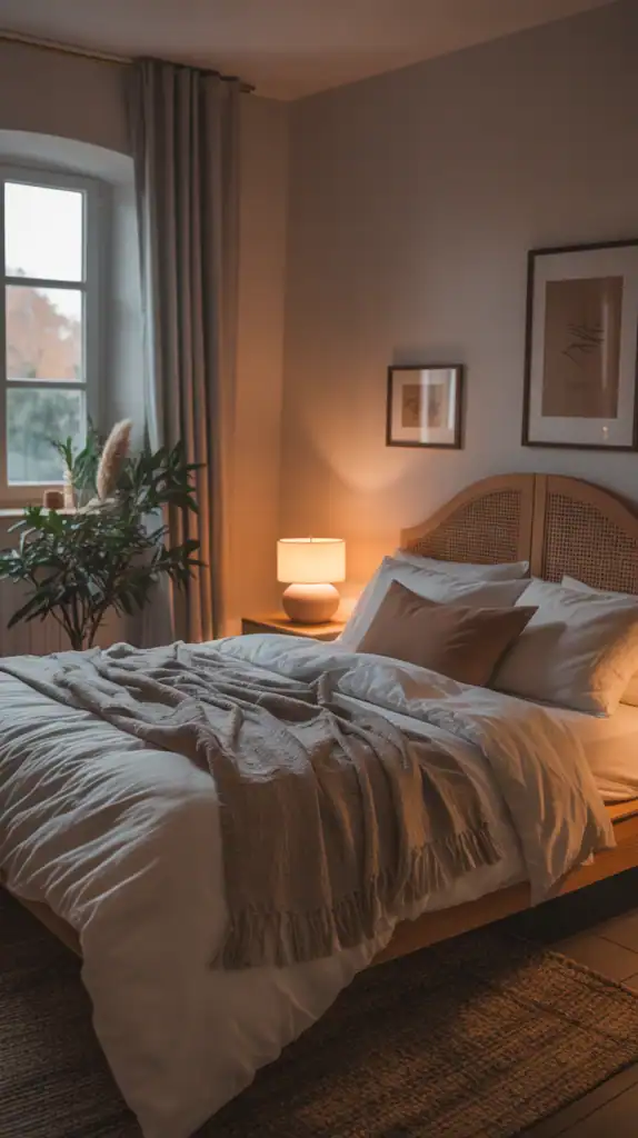 A cozy bedroom with soft lighting, a neatly made bed, and a warm atmosphere.