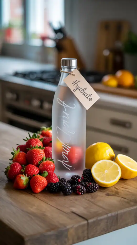 A bottle of water surrounded by fresh fruits like strawberries, lemons, and blackberries.