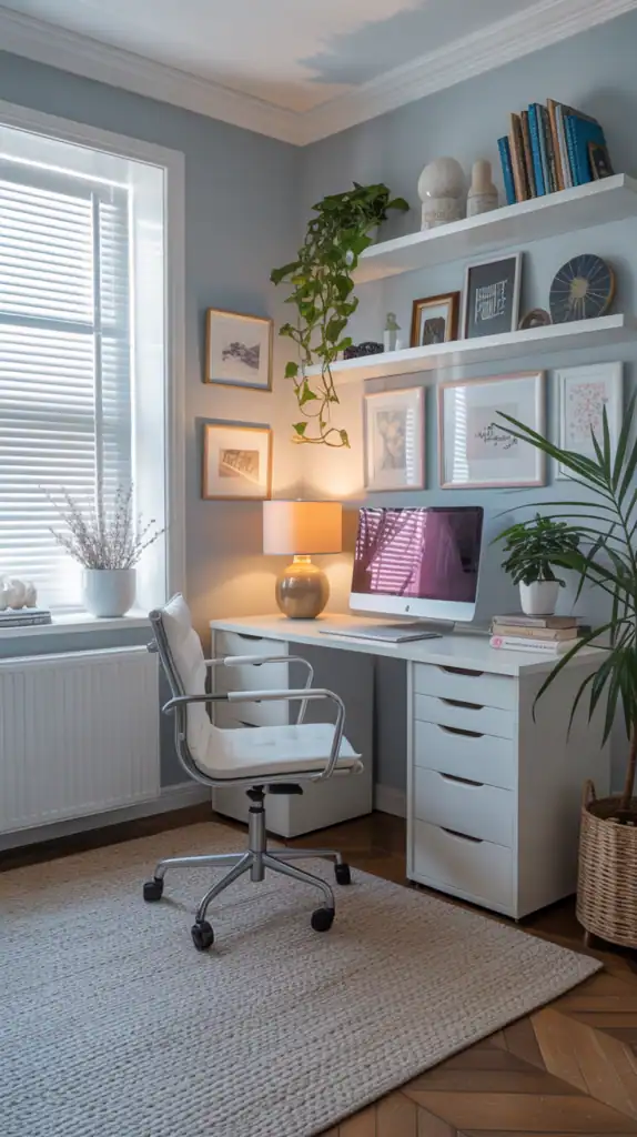 A bright home office with light blue walls, white furniture, and a plant.