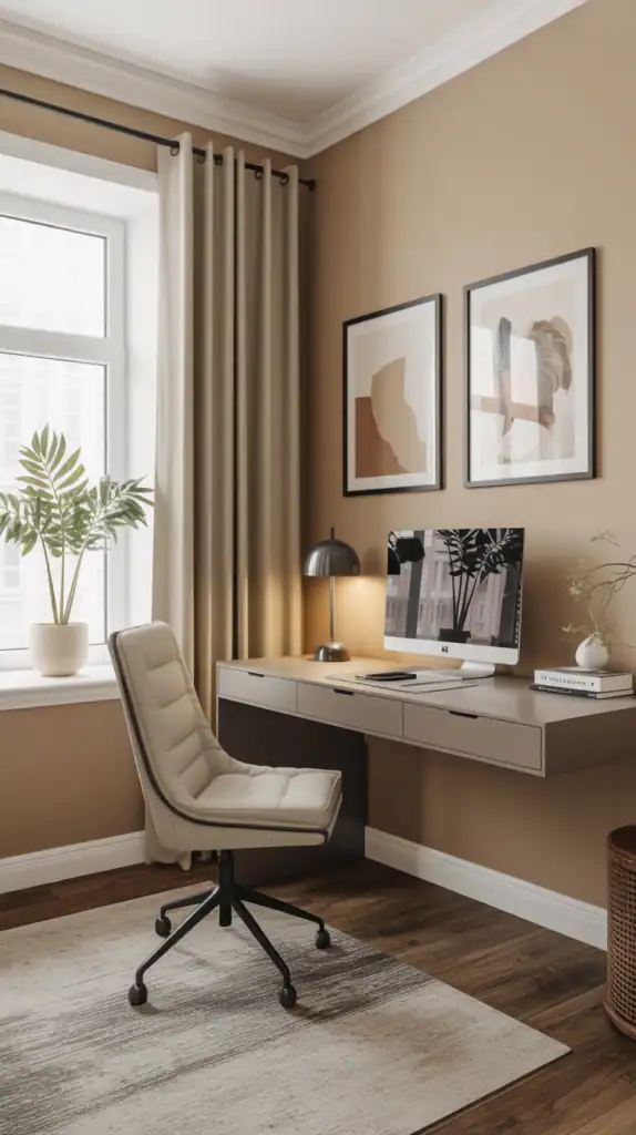 A cozy home office featuring creamy beige walls, a sleek desk, and natural light.