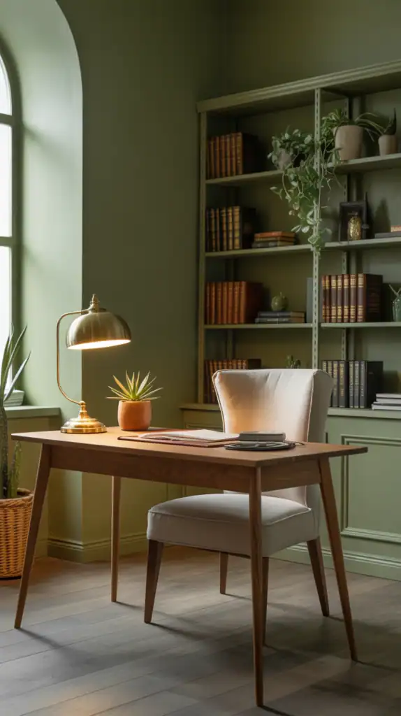 A cozy home office with olive green walls, wooden furniture, and plants.