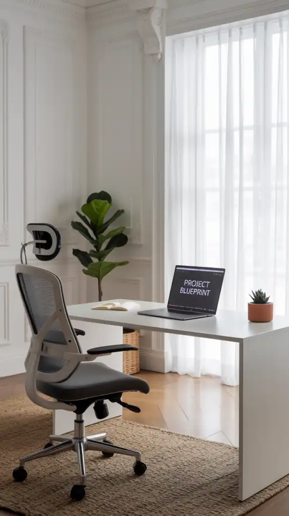 A modern home office with white walls, a sleek desk, and a comfortable chair, featuring elegant moldings and a plant.