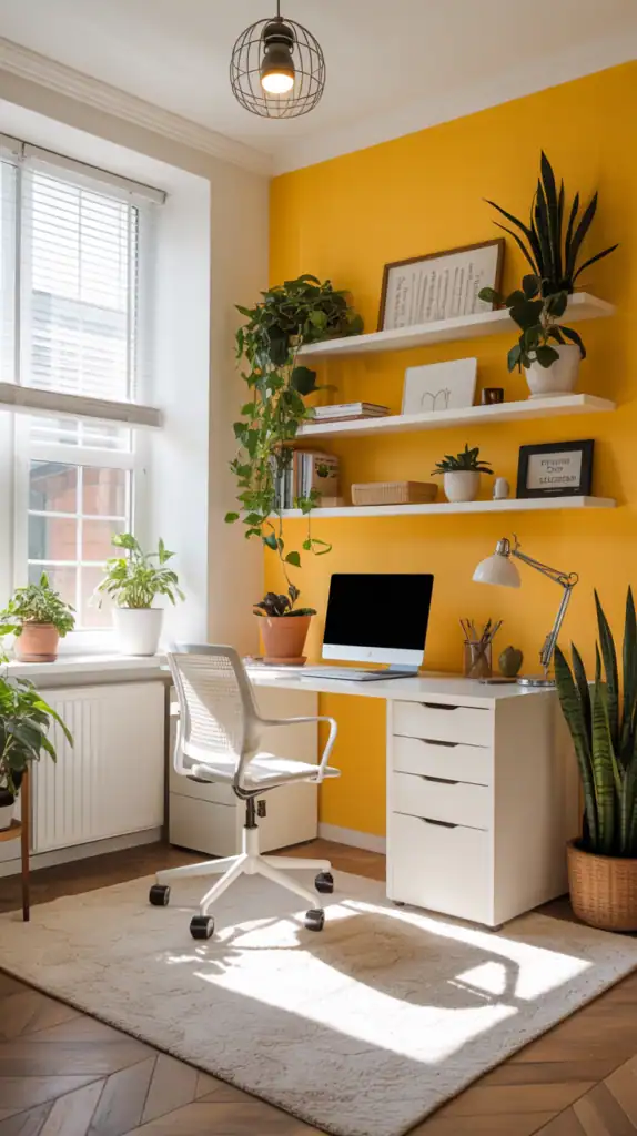 A bright home office with sunny yellow walls, white furniture, and plants.