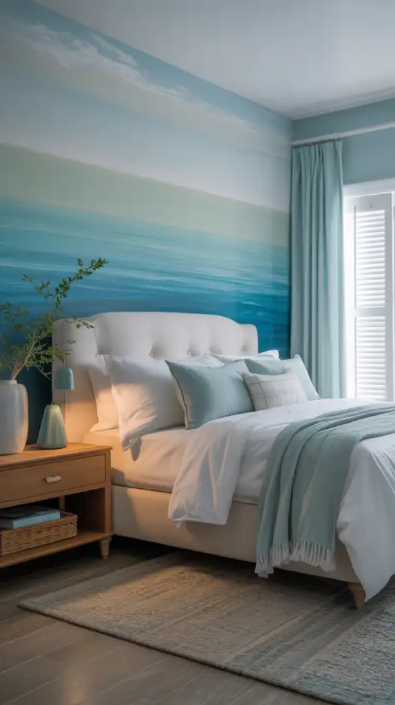 Coastal bedroom with ocean mural wall, tufted white bed, seafoam accents, and natural wood nightstand in a serene beach-inspired color palette.