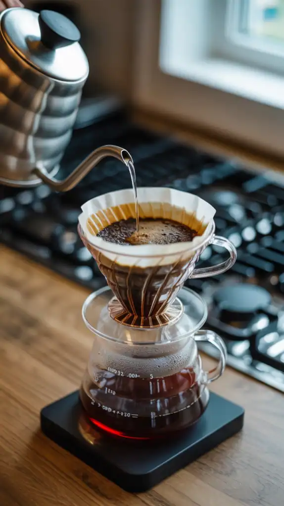 A pour-over coffee setup with a kettle pouring water over coffee grounds in a dripper.