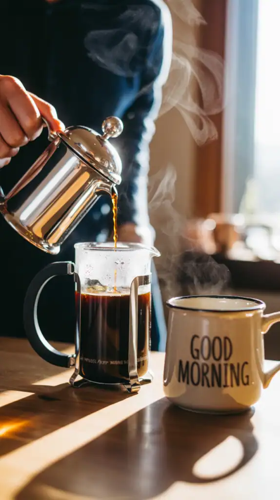 A photograph depicting the process of brewing French press coffee. The main focus is a gleaming stainless steel French press with a glass beaker, showcasing freshly ground dark roast coffee beans inside. A hand carefully pours hot water over the grounds, releasing a rich aroma, while a ceramic mug with the words "Good Morning" printed on the side sits nearby on a wooden counter. Soft, natural light streams in from a nearby window, illuminating the scene and highlighting the steamy coffee, creating a warm and inviting atmosphere.
