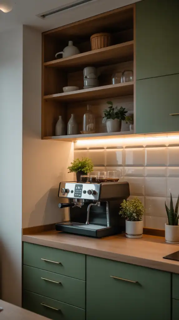 Modern kitchen coffee station with green drawers and wooden countertops, featuring a sleek stainless steel espresso machine. The backsplash is tiled in glossy white, and small potted plants add a fresh touch. Open wooden shelves above display neutral-toned ceramics, glassware, and minimal decor, creating a clean and cozy atmosphere.