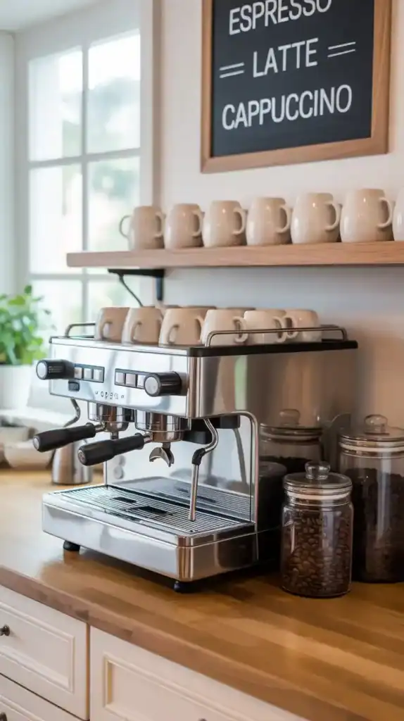 A stylish coffee station featuring an espresso machine, jars of coffee beans, a chalkboard menu, and white mugs.