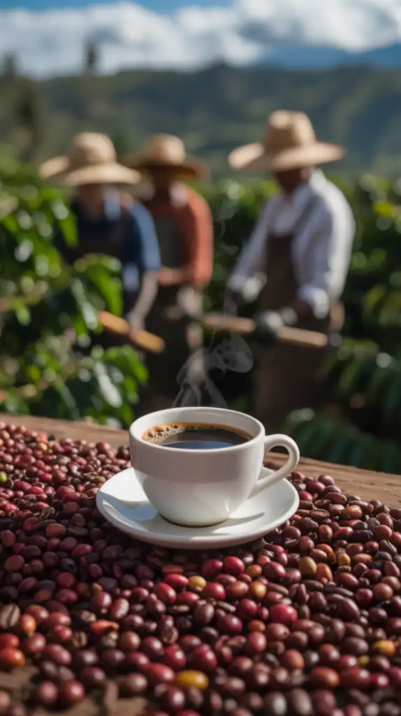 A steaming cup of coffee on a bed of coffee beans with farmers in the background.