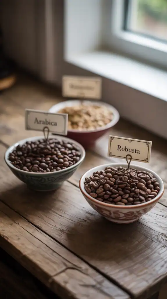 Three bowls of different types of coffee beans labeled Arabica and Robusta on a wooden table.