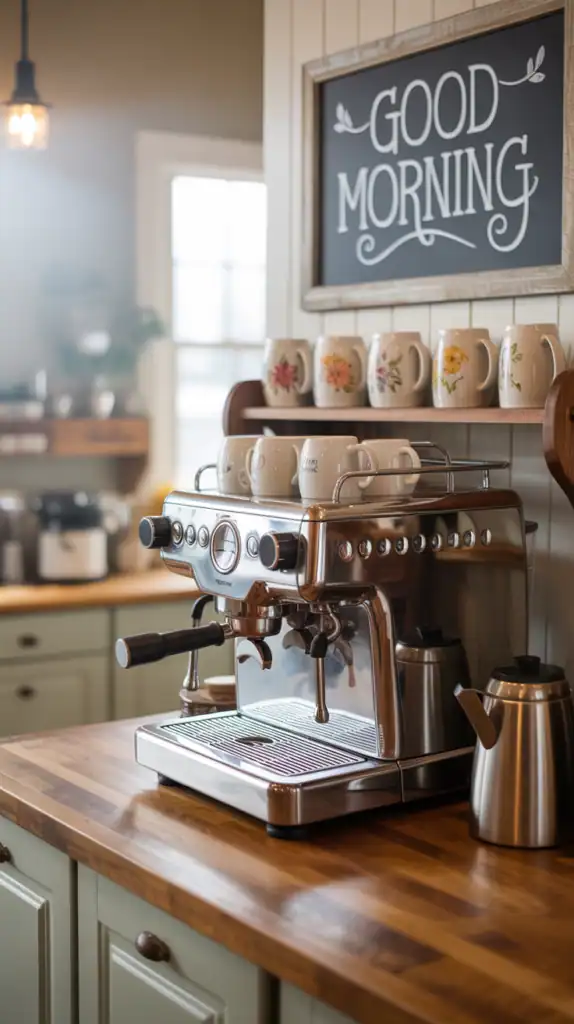 A cozy farmhouse coffee bar with wooden shelves, mugs, and a coffee machine.