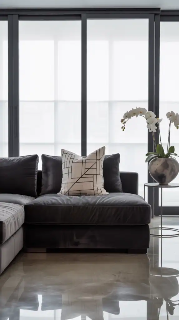 Stylish black and white living room with modern furniture and large windows