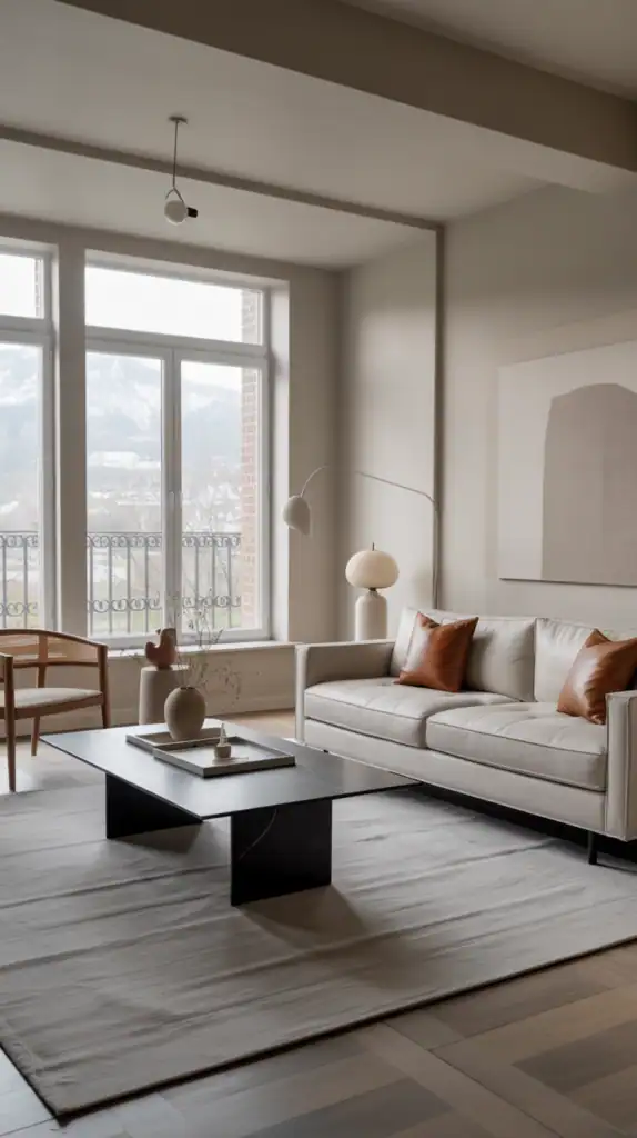 A modern minimalist living room with a neutral color palette, sleek furniture, and large windows.