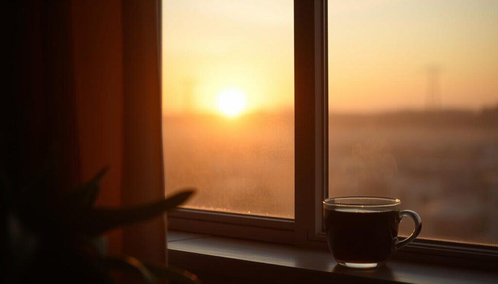 Peaceful sunset view with a cup of tea, representing the calm of slow living lifestyle