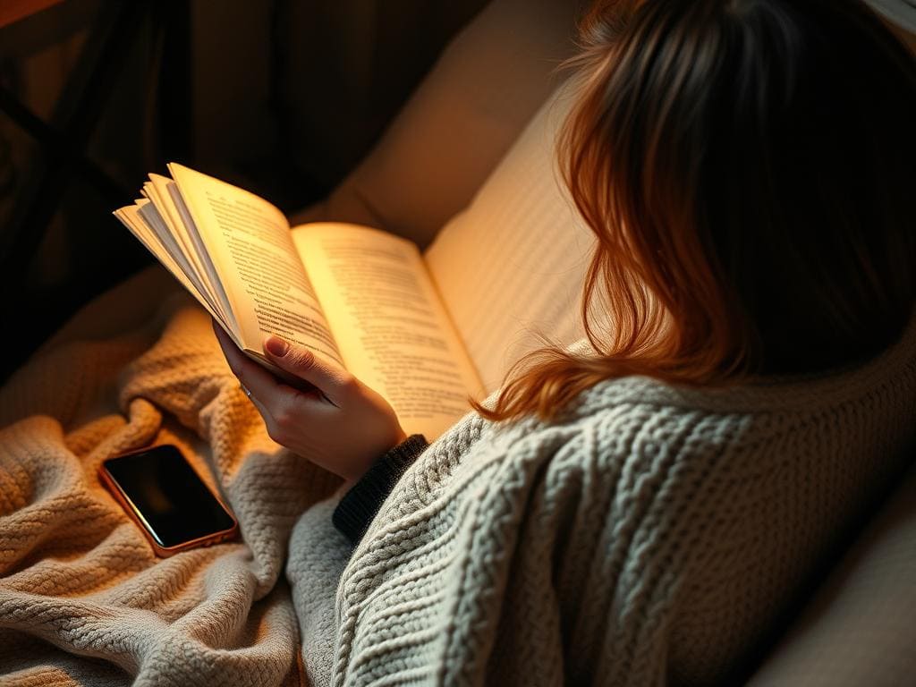 Person reading a physical book in a cozy corner, phone turned off nearby - digital detox for slow living lifestyle