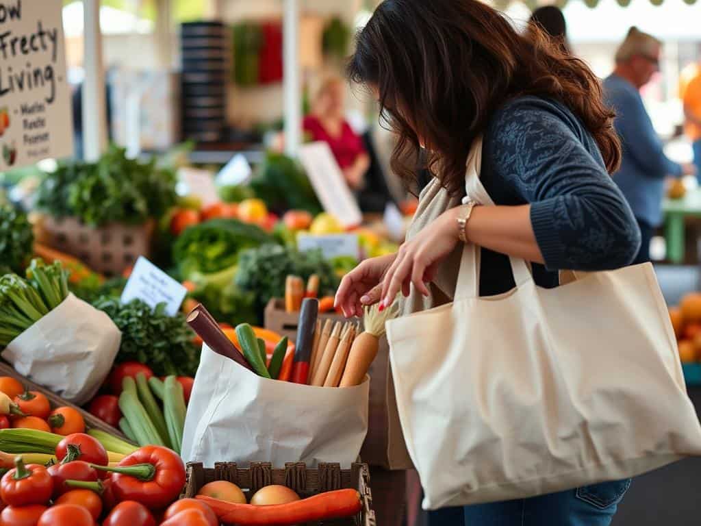 Person shopping at a local farmers market, selecting fresh produce - intentional consumption in slow living lifestyle
