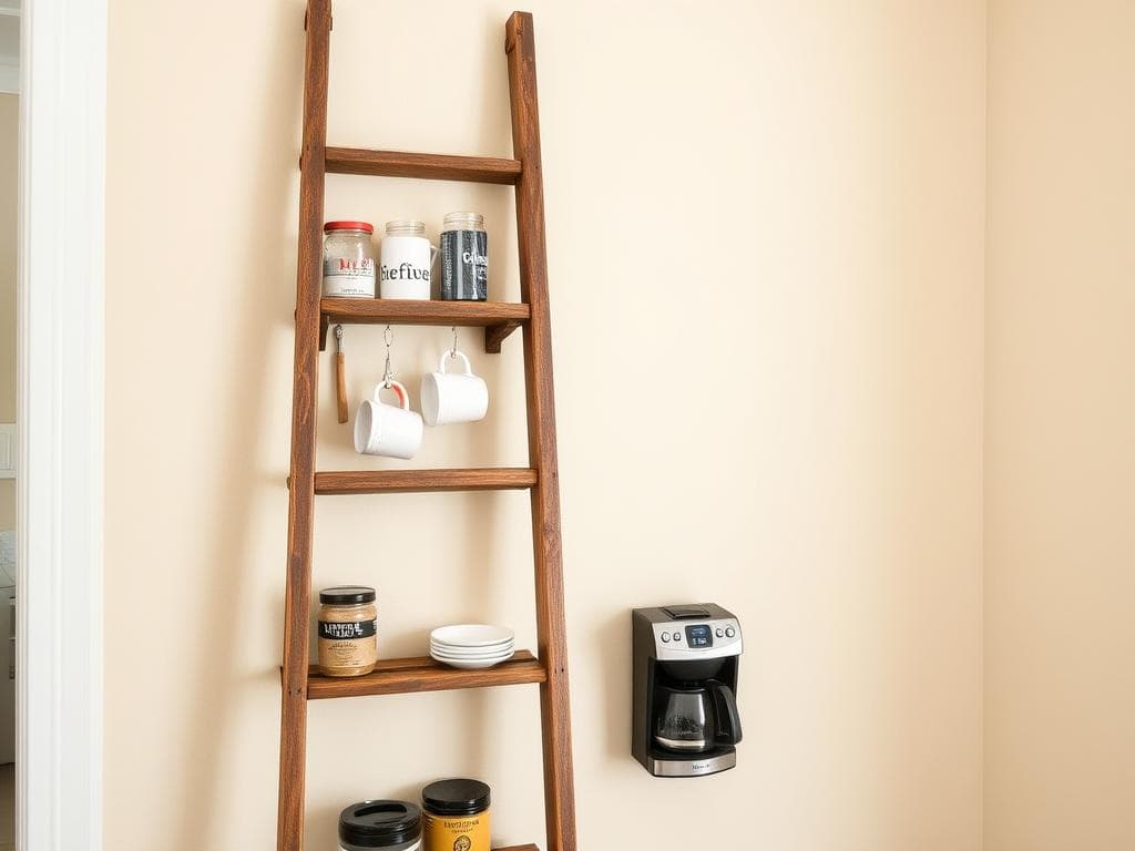 Repurposed vintage ladder as a farmhouse coffee bar space-saving solution