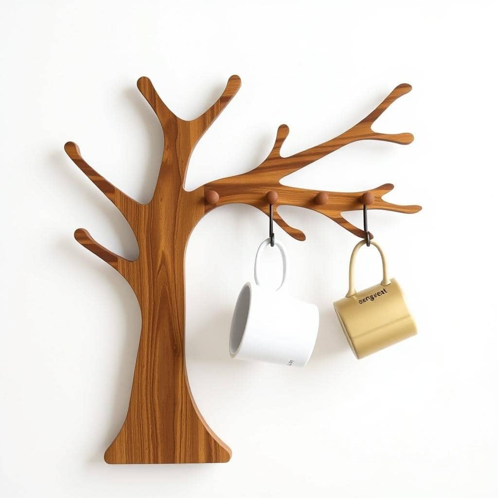 Rustic wooden mug rack tree for farmhouse coffee bar