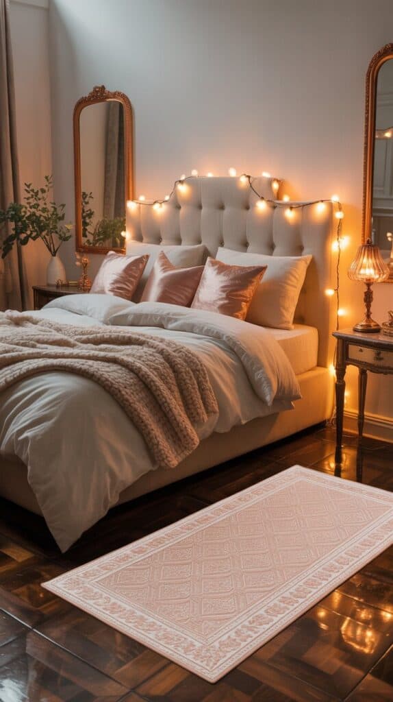 Cozy bedroom with soft rose gold accents, decorative lights, and elegant decor.