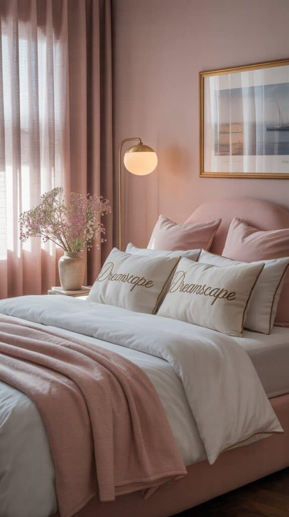 A sophisticated pink bedroom featuring soft pink walls, a stylish bed with layered pillows, modern lighting, nautical artwork, and a floral arrangement.